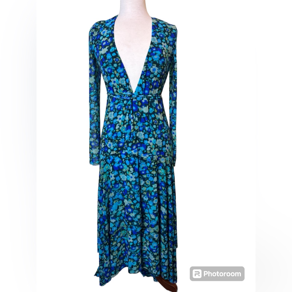 Gianni Wrap Maxi Dress Size Xxs Eur 32 Floral Green Mesh Stretch Tie Lined